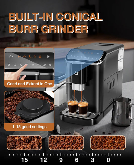 Machine à espresso, Cafetière 1,5 L, Automatique, Broyeur, Mousseur à Lait et Nettoyage Automatique pour Latte, Cappuccino, Macchiato