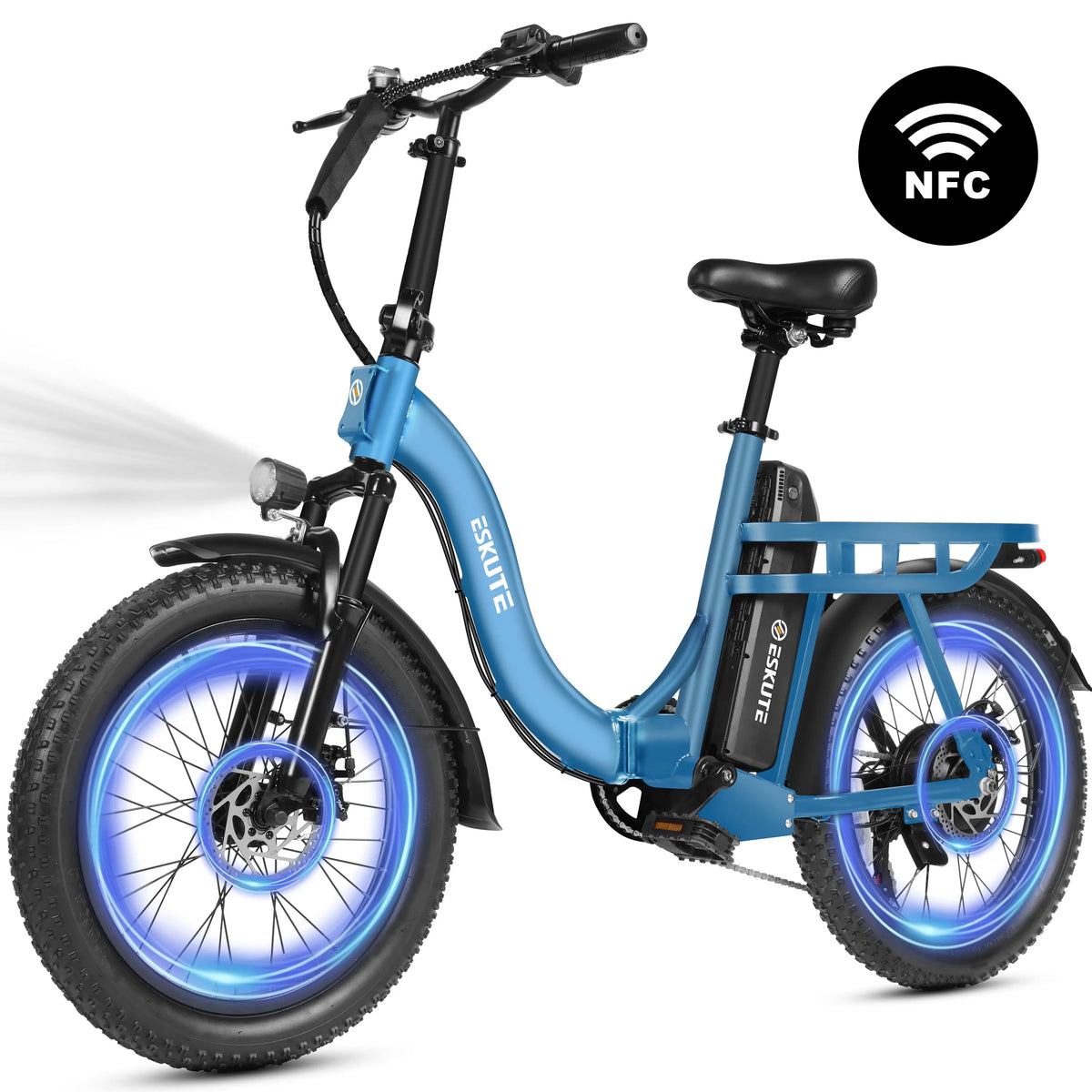 Vélo électrique ESKUTE, 7 Vitesses, Pliant pour Adulte - Moteur de 750 W, Vitesse de 20 Mi/h, Pneus Larges 20x3, Batterie 48 V 10,4 Ah, Bleu