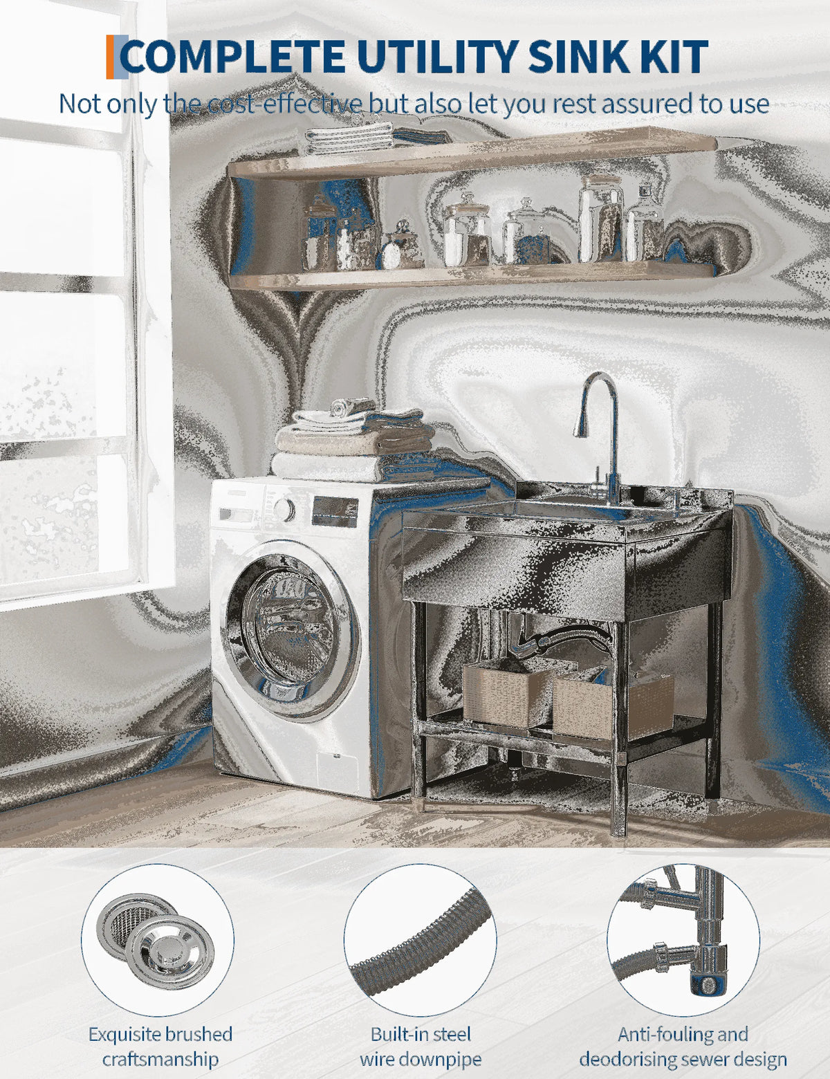 Évier Commercial à Bol Unique, Trousse de Vidange et Tablette de Rangement, Robinet, Évier Utilitaire en acier inoxydable