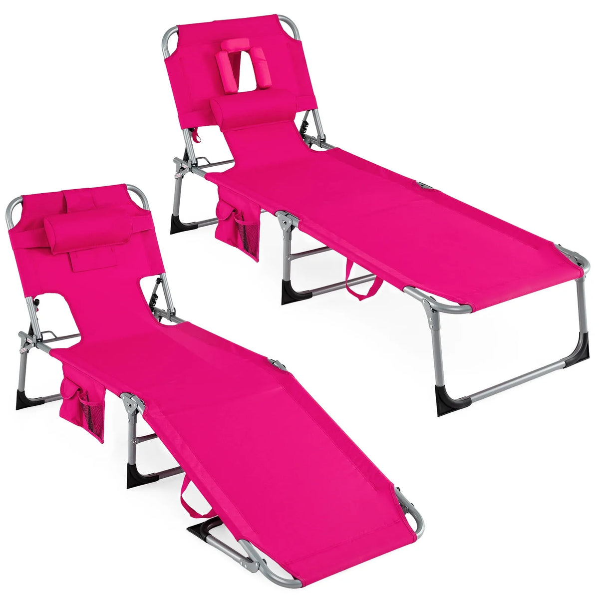 Chaise longue, Ensemble de 2 Chaises de Bronzage, Trous pour le Visage et les Bras Pliante de Plage, Dossier Réglable Rose