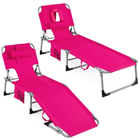 Chaise longue, Ensemble de 2 Chaises de Bronzage, Trous pour le Visage et les Bras Pliante de Plage, Dossier Réglable Rose