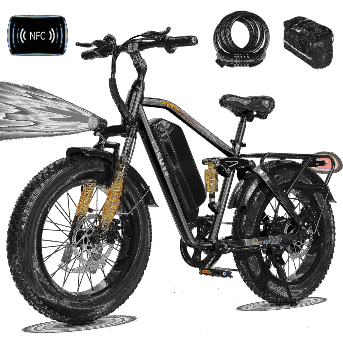 Vélo électrique ESKUTE, UL2849, 750W, 7 Vitesses, M300F à Suspension Complète, à Pneus Surdimensionnés 20 Pouces, Batterie Amovible 48V 20.8Ah