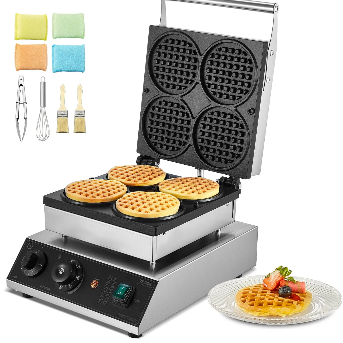 VEVOR 4 Pcs Gaufrier Commercial Rond Machine à Gaufres 1750 W Antiadhésif