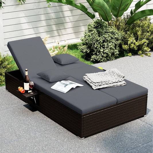 Chaise longue, Jour de Patio en Osier PE, Double avec Dossiers Réglables, Extérieur, Gris, Gymax Lit de Jour de Patio en Osier PE