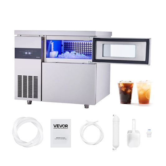 Machine à glaçons VEVOR, en acier inoxydable 265 Lb/24 H, Stockage de 66 Lb et 126 Cubes/Cycle, Plan de Travail, Machine Commerciale à Glaçons