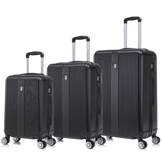 4 Roues Pivotantes et Cadenas à Combinaison 20 pouces/24 pouces/28 pouces, Italy LUSTRIA Ensemble de Valises Rigides Légères 3 Pcs, Noir