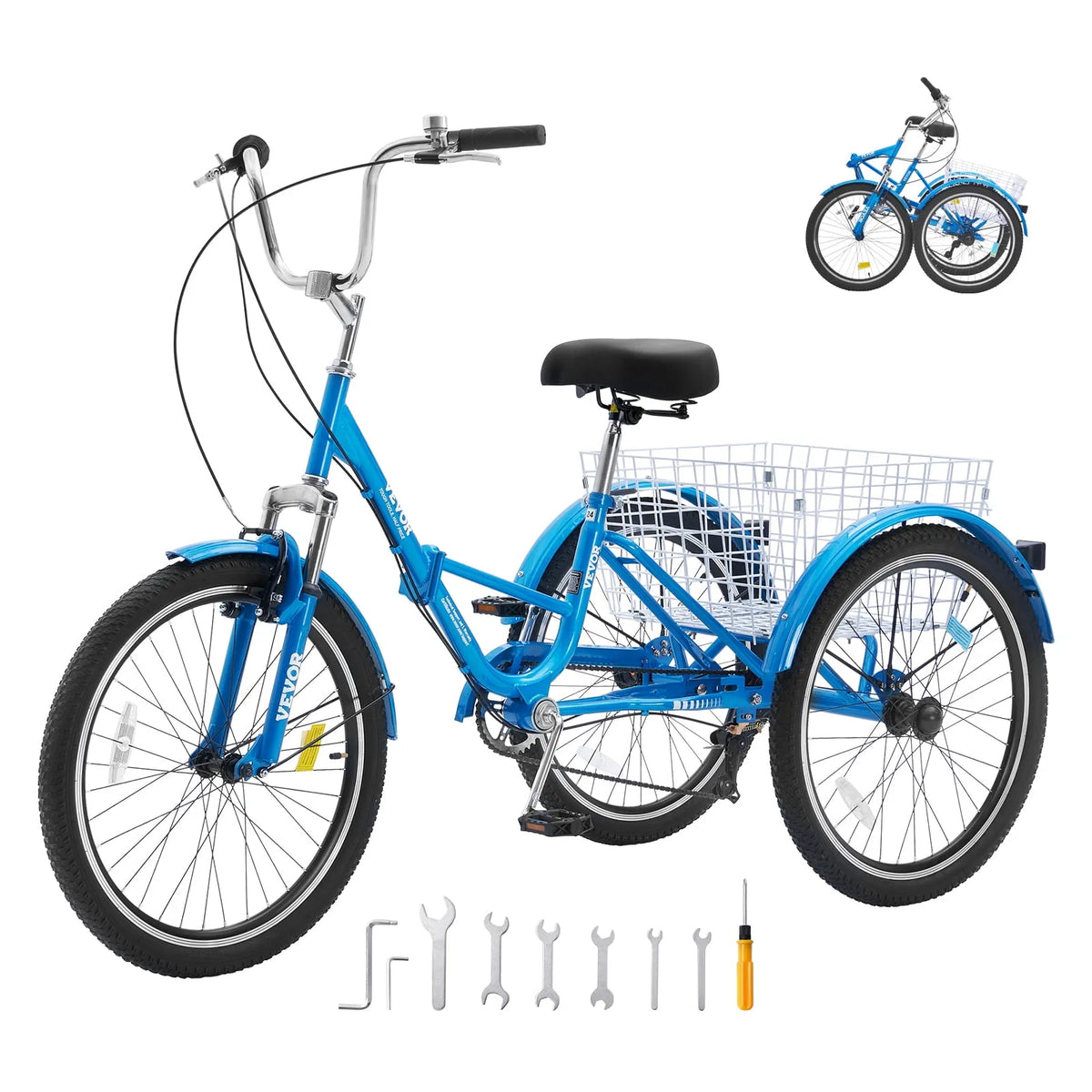 Vélo, VEVOR, Tricycle Pliant pour Adulte, Tricycles Pliants pour Adulte de 24 Pouces à 7 Vitesses, Hommes, Aînés Bleu