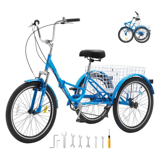 Vélo, VEVOR, Tricycle Pliant pour Adulte, Tricycles Pliants pour Adulte de 24 Pouces à 7 Vitesses, Hommes, Aînés Bleu