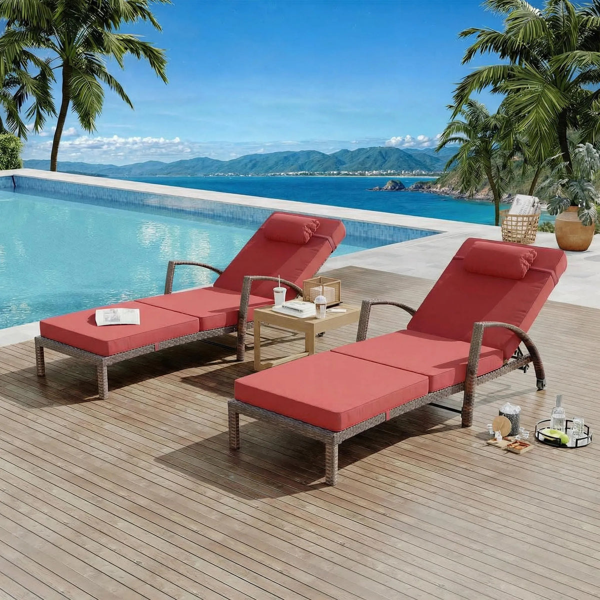 Chaise, Piscine hors terre, 2 Pcs, s Longues de Patio Inclinables à 5 Positions Réglables, Accoudoirs et Coussins, Terrasse, Bord de la